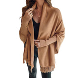Fringe Hem Poncho with Shawl Collar and Dolman Sleeve