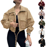 Cropped Zip-Front Utility Jacket with Drawstring and Flap Pockets
