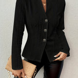 Fitted Knit Blazer with Stand Collar and Button Front