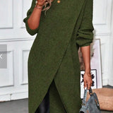 Women's Long Sweater Midi Dress with Asymmetric Overlap Front and Three Quarter Sleeves