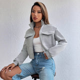 Cropped Zip-Front Bomber Jacket with Stand Collar and Flap Pockets