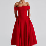 Off-Shoulder A-Line Pleated Midi Dress