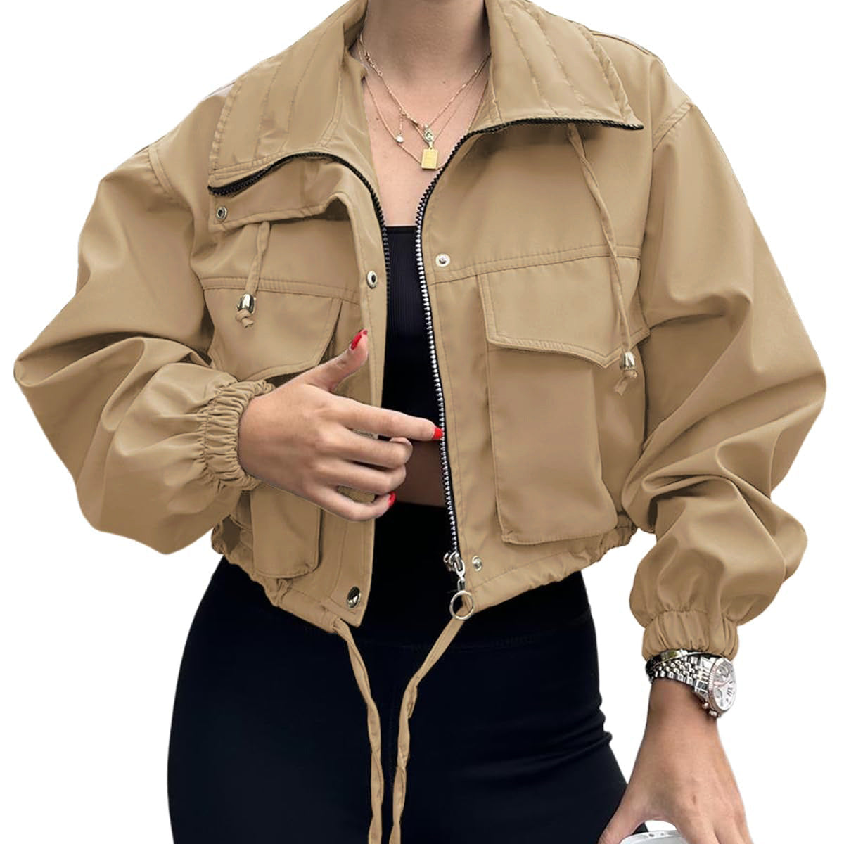 Cropped Zip-Front Utility Jacket with Drawstring and Flap Pockets