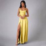 Satin A-Line Maxi Dress with Cowl Neck and Thigh Slit