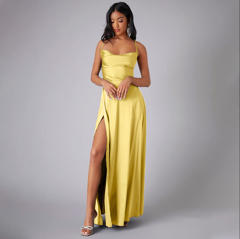 Satin A-Line Maxi Dress with Cowl Neck and Thigh Slit