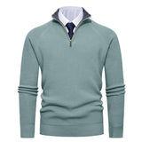 Quarter-Zip Ribbed Sweater with Stand Collar and Contrast Trim