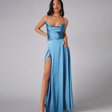 Satin A-Line Maxi Dress with Cowl Neck and Thigh Slit