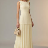 Sleeveless A-Line Pleated Maxi Dress with Boat Neck