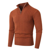 Textured Cable Knit Sweater with Quarter Zip and Stand Collar