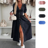 Button Front Denim Midi Dress with V-Neck and Puff Sleeves