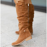 Women's Knee High Boots with Slouchy Shaft and Buckle Strap Detail with Low Block Heel and Side Zipper