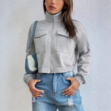 Cropped Zip-Front Bomber Jacket with Stand Collar and Flap Pockets
