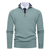 Quarter-Zip Ribbed Sweater with Stand Collar and Contrast Trim