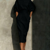 Puff Sleeve Midi Dress with Boat Neck and High Waist
