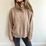 Button-Front Mock Neck Knit Sweater with Long Sleeves