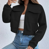 Cropped Zip-Front Bomber Jacket with Stand Collar and Flap Pockets