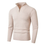 Textured Cable Knit Sweater with Quarter Zip and Stand Collar