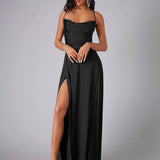 Satin A-Line Maxi Dress with Cowl Neck and Thigh Slit