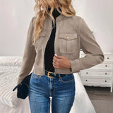 Cropped Suede Jacket with Zip-Front and Flap Pockets