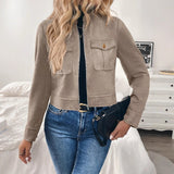 Cropped Suede Jacket with Zip-Front and Flap Pockets