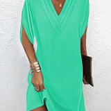 Draped V-Neck Shift Mini Dress with Split Sleeves