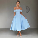 Off-Shoulder A-Line Pleated Midi Dress