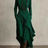 Draped Asymmetric Wrap Maxi Dress with High Neck