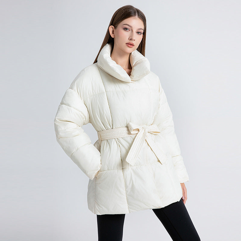 Belted Quilted Puffer Coat with High Collar and Side Pockets