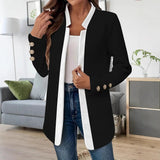Long Open-Front Blazer with Contrast Trim and Button Cuffs