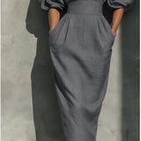 Puff Sleeve Midi Dress with Boat Neck and High Waist