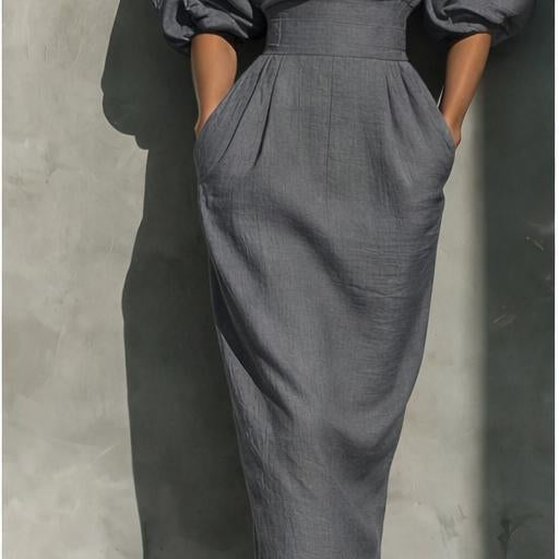 Puff Sleeve Midi Dress with Boat Neck and High Waist
