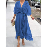 Wrap Midi Dress with Ruffled Hem and V-Neck