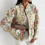 Floral Jacquard Bomber Jacket with Button-Front and Stand Collar
