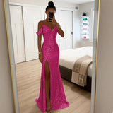 Sequin Mermaid Maxi Dress with Off-Shoulder Straps and Thigh Slit