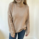 Oversized Turtleneck Sweater with Button Sleeve and Ribbed Trim