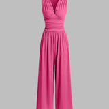 Wide-Leg Jumpsuit with V-Neck and Ruched Waist