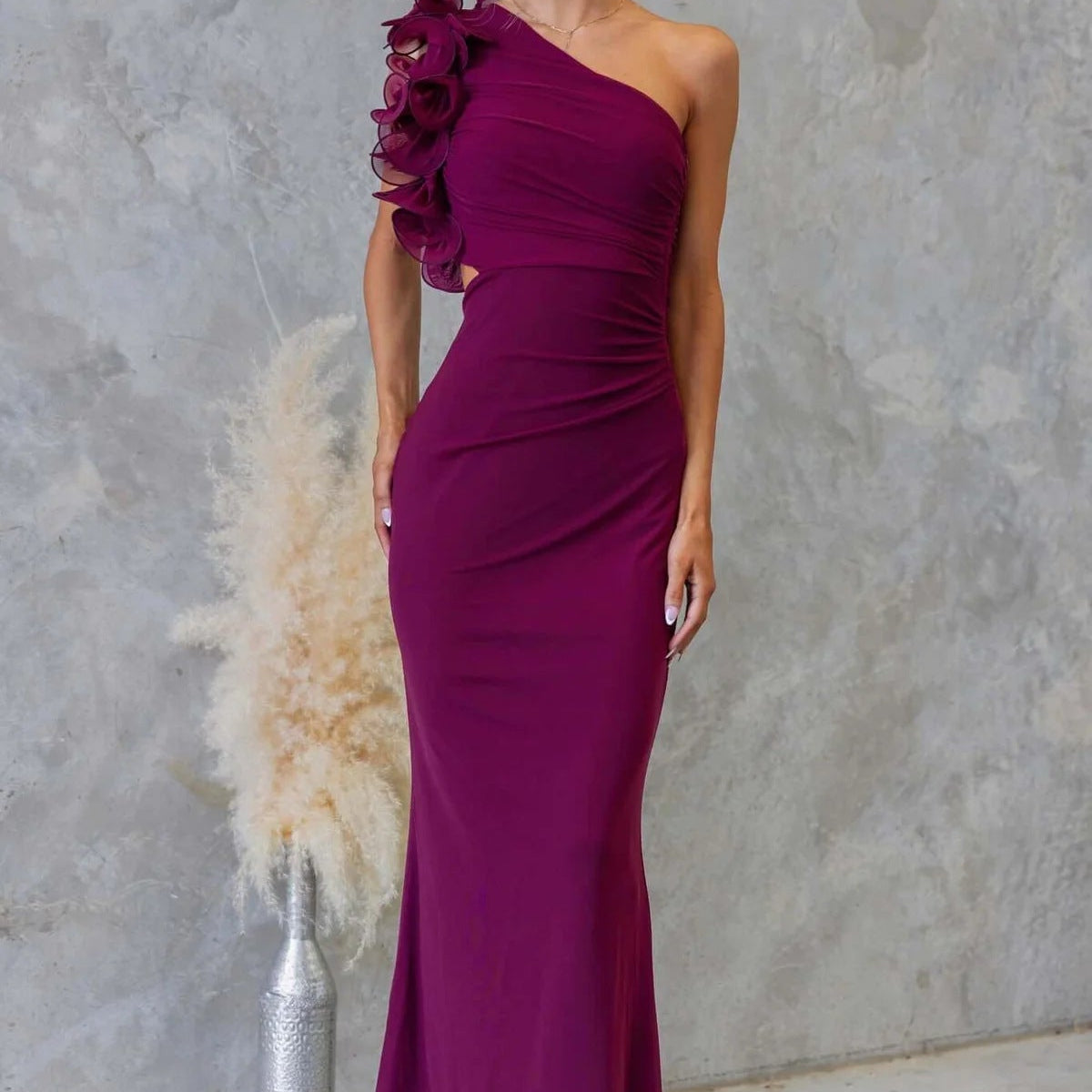 One-Shoulder Ruffle Maxi Dress with Cut-Out Waist