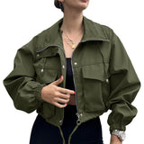 Cropped Zip-Front Utility Jacket with Drawstring and Flap Pockets