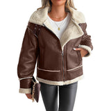 Faux Leather Sherpa Jacket with Zip Front and Buckle Collar