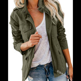 Women's Utility Jacket with Stand Collar Zip Front and Flap Pockets