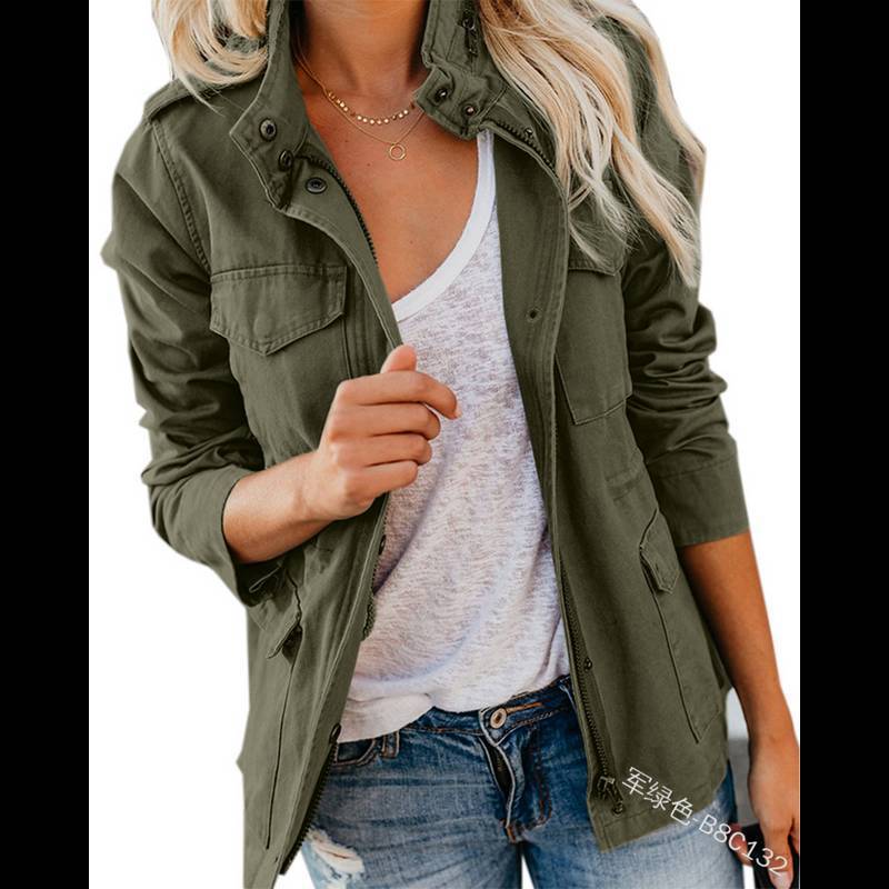 Women's Utility Jacket with Stand Collar Zip Front and Flap Pockets