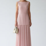 Sleeveless A-Line Pleated Maxi Dress with Boat Neck