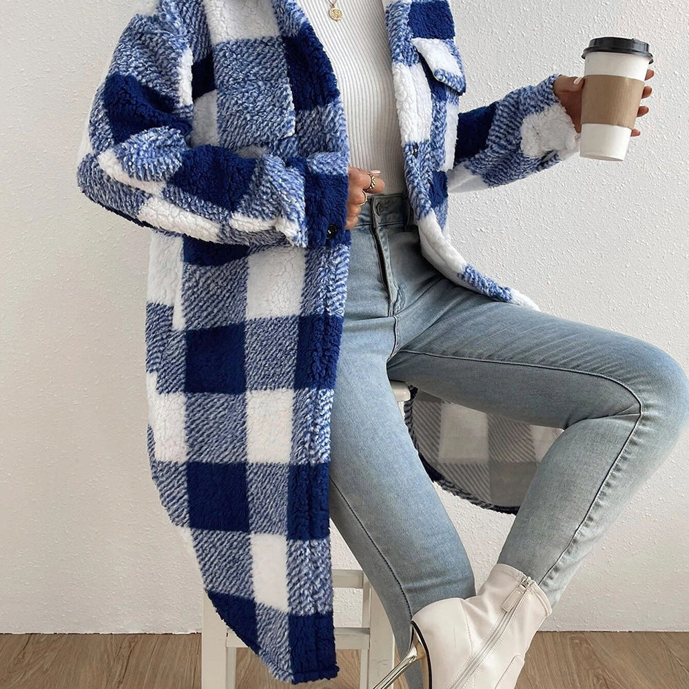 Long Plaid Sherpa Coat with Button-Front and Flap Pockets
