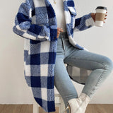 Long Plaid Sherpa Coat with Button-Front and Flap Pockets