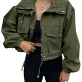 Cropped Zip-Front Utility Jacket with Drawstring and Flap Pockets