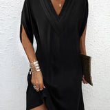 Draped V-Neck Shift Mini Dress with Split Sleeves