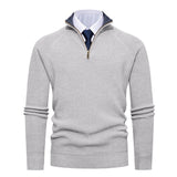 Quarter-Zip Ribbed Sweater with Stand Collar and Contrast Trim