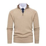 Quarter-Zip Ribbed Sweater with Stand Collar and Contrast Trim