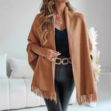 Fringe Hem Poncho with Shawl Collar and Dolman Sleeve