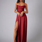 Satin A-Line Maxi Dress with Cowl Neck and Thigh Slit